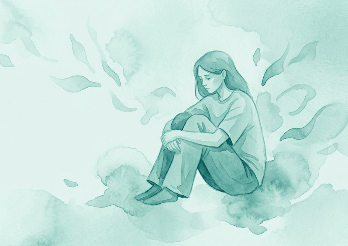 A watercolor illustration of a figure sitting quietly in contemplation, surrounded by soft floating shapes in muted teal and mint tones.